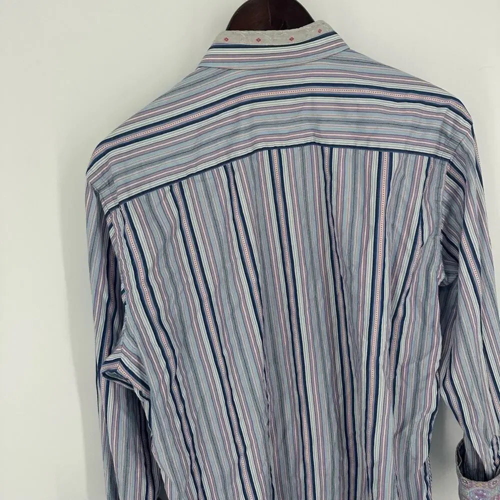 Robert Graham Men’s Striped Dress Shirt Flip Cuff Colorful Size Medium Party